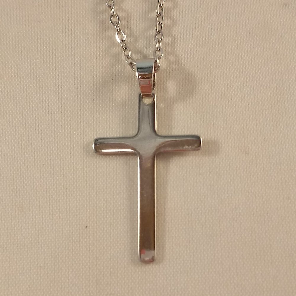 Silver Stainless Steel Smooth Cross Pendant Chain Necklace 18" Party Gift - Picture 2 of 4